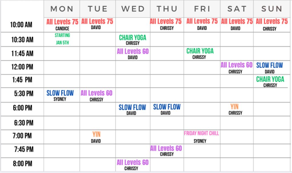 Yoga Schedule including Slow Flow- All Levels and Yin Yoga in Yonkers NY